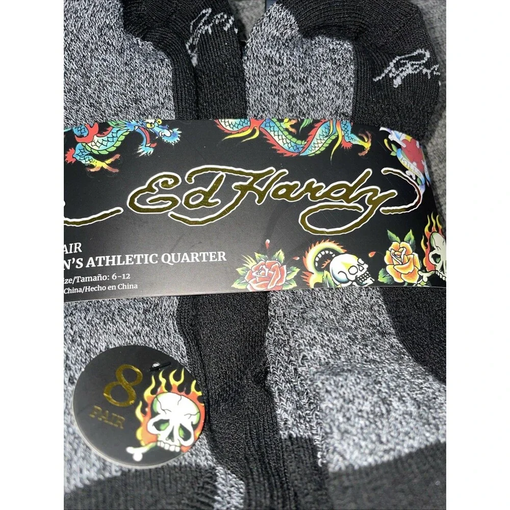 Ed Hardy Mens 8 Pair Set Athletic Low Cut Black Socks Shoe Size 6-12 New